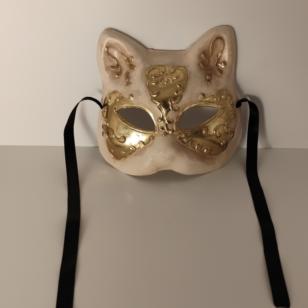 Gold and Cream Cat Mask with Black Ties